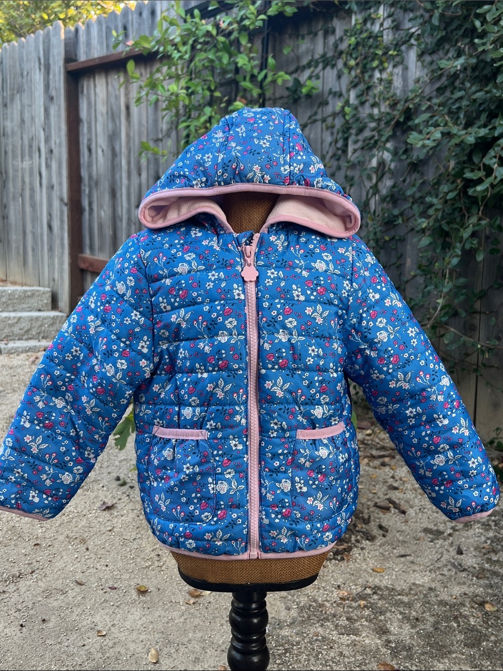 Kensie Girl Blue Floral Hooded Puffer Jacket with Pink Trim